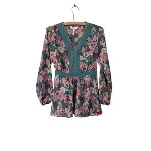 Matilda Jane Kookaburra Top Green Women's XS Tropical Floral Crochet Embroidered